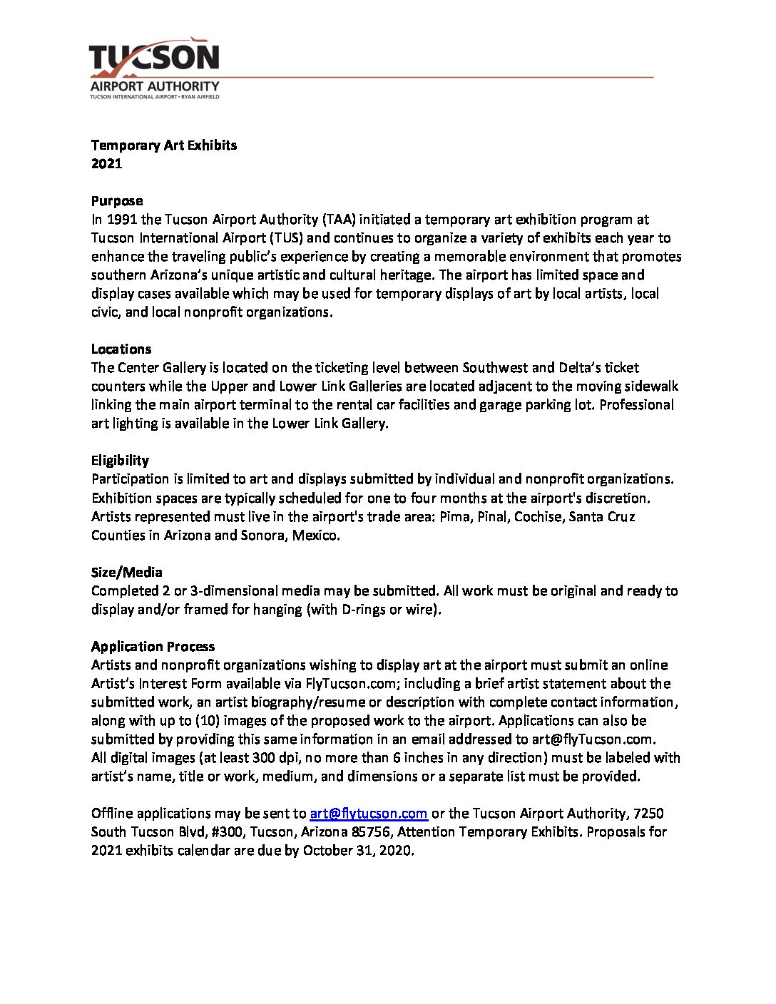 2021 temp exhibit criteria and form / Fly Tucson